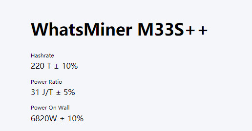 WhatsMiner M33S++ 198T 220T Hydro Asic Miner AC380V SHA-256 Algorithm Miner