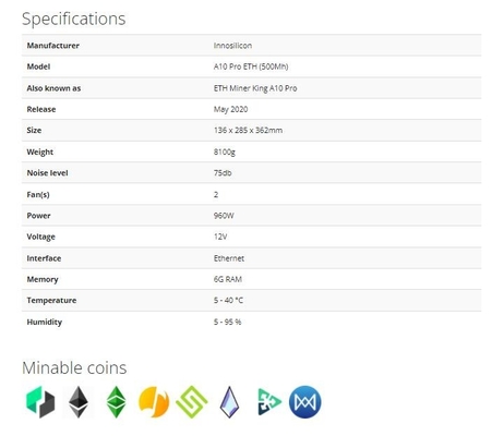 A10 Pro 500Mh ETH Innosilicon Asic Miner Ethereum 960W EtHash Algo