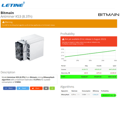 Top Profit New Bitmain Antminer KS3 8300G 3188W KAS-Kaspa KHeavyHash Algo KAS Miner KS3