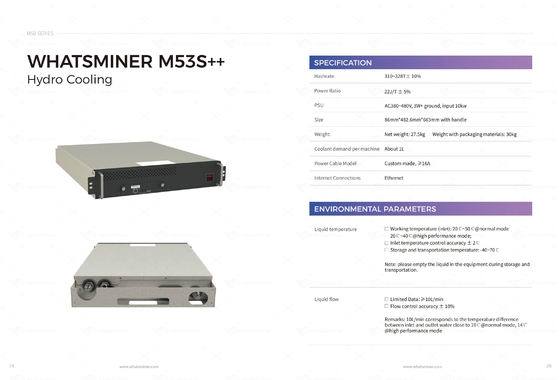 Hydro Cooling Whatminer M53S++ 310T 328T BTC Mining Machine Water Cooling
