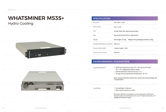 Hydro Cooling Whatminer M53S++ 310T 328T BTC Mining Machine Water Cooling