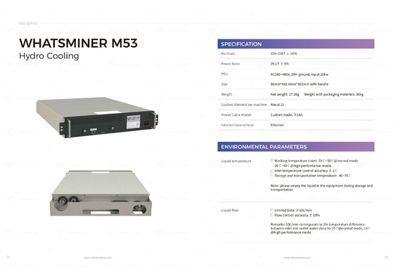 Hydro Cooling Whatsminer M53S++ 310T 22j/T Water Cooling Bitcoin ASIC Miner