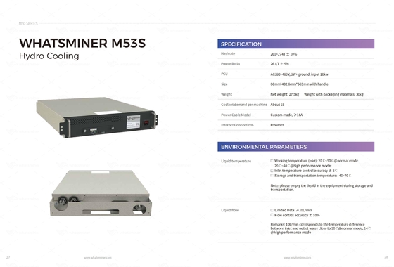 Hydro Cooling Whatsminer M53S++ 310T 22j/T Water Cooling Bitcoin ASIC Miner