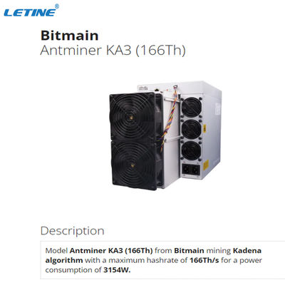 Stock KDA Miner Bitmain Antminer KA3 166T 3154W Power Consumption