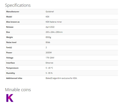 GOLDSHELL KD6 MINING KADENA ALGORITHM 26.3T 2630W KDA MINER Goldshell Asic Miner