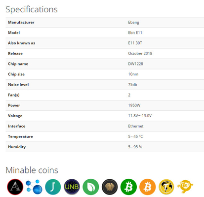 E11 30Th 1950W SHA-256 BTC Ebang Ebit Miner 74db 10nm