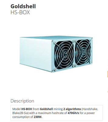 HS-Box Asic Miner Goldshell Algorithm Handshake Blake2B-Sia 470Gh 230W
