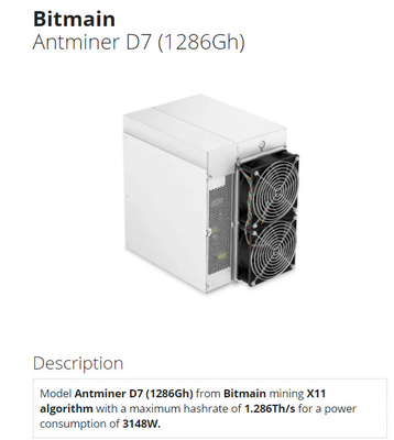 1286Gh Bitmain Antminer D7 Dash X11 1.286Th 3148W 75db