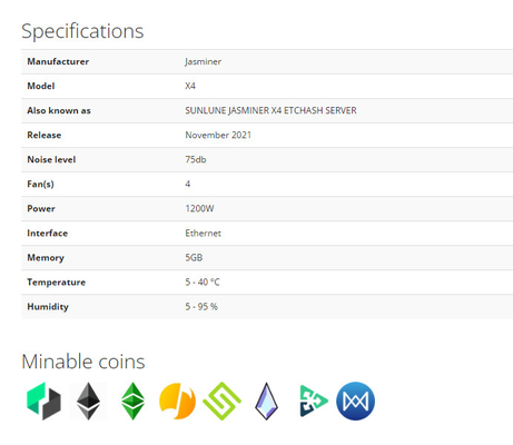 2.5Gh/S Sunlune Jasminer X4 Etchash Server 1200W 75db