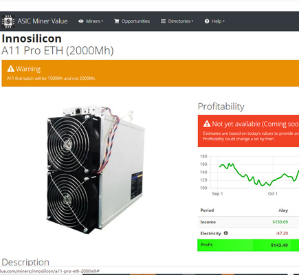 1500Mh EtHash Algorithm Innosilicon Asic Miner A11 Pro 8G