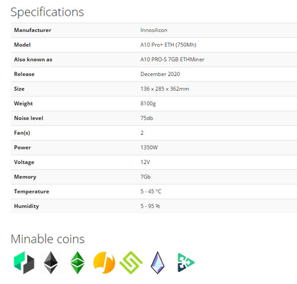 A10 Pro 500Mh ETH Innosilicon Asic Miner Ethereum 960W EtHash Algo