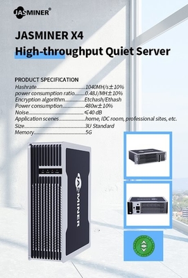 Low Noise ETH Ethash Mini Miner Jasminer X4-Q 1040m 480W Compact Size Profitable